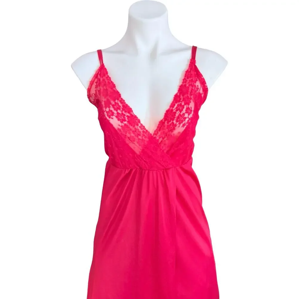 Diane Von Furstenberg 1970s Vintage Hot Pink Fuchsia Nylon Nightgown DVF BE-7